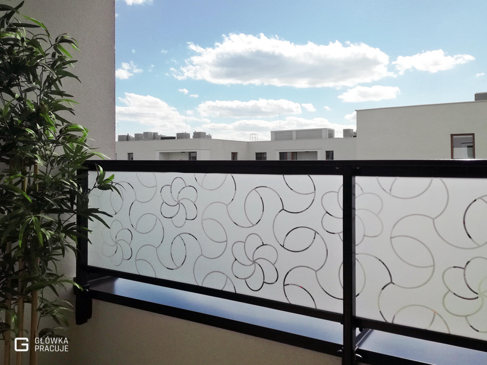 Główka Pracuje - matująca mrożona folia na szyby na balkonie z wyciętym florystycznym patternem - Warszawa